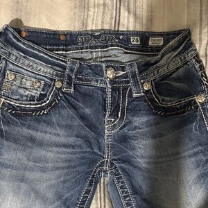 Miss Me Skinny Jeans in Washed Blue Denim with Embellished Pockets